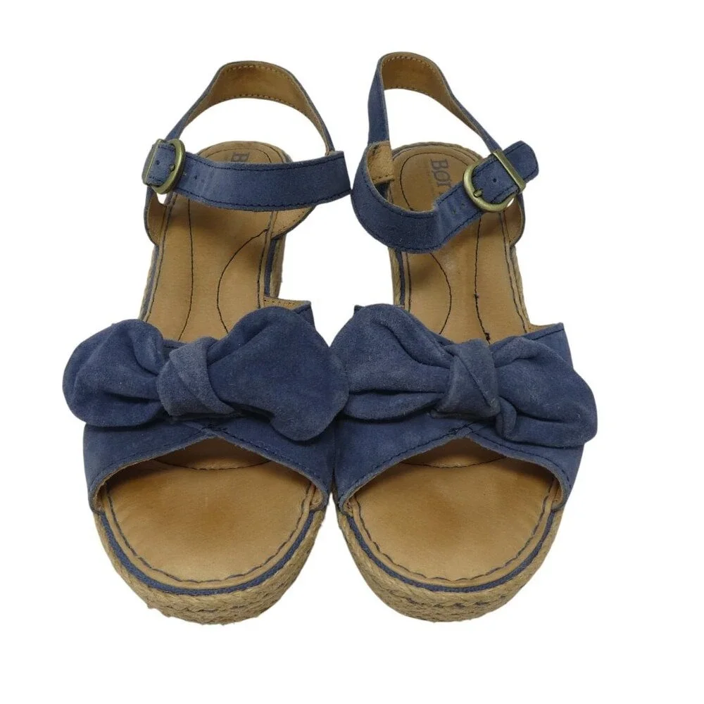 Born Monticello Wedge Sandals Womens 8 Blue Suede Bow‎ Espadrille